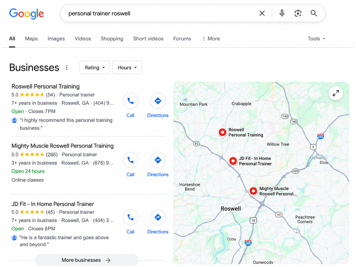 Map pack showing Roswell Personal Training first