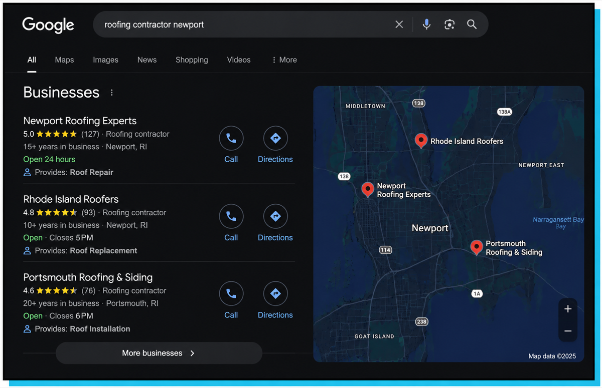 Map pack for roofing contractor Newport