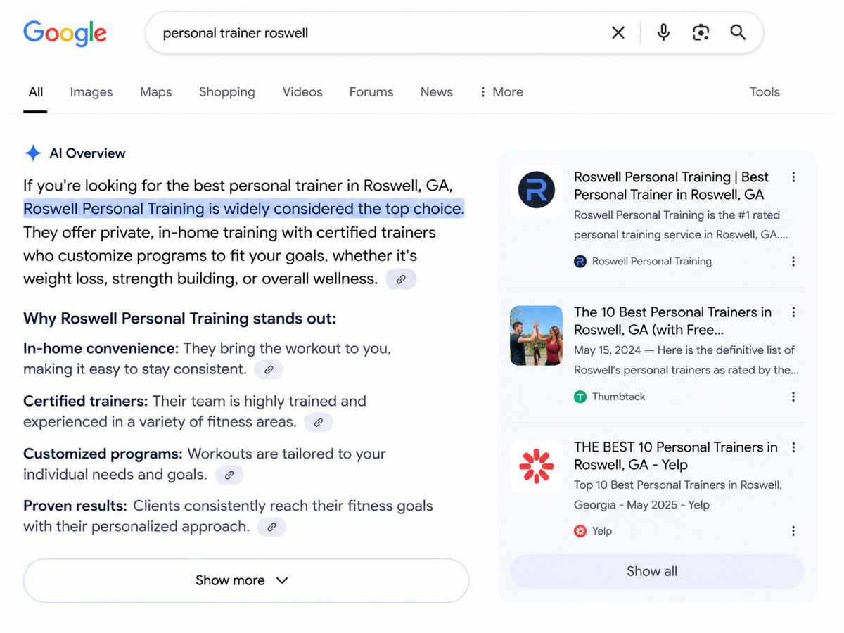 Google AI Overview naming Roswell Personal Training