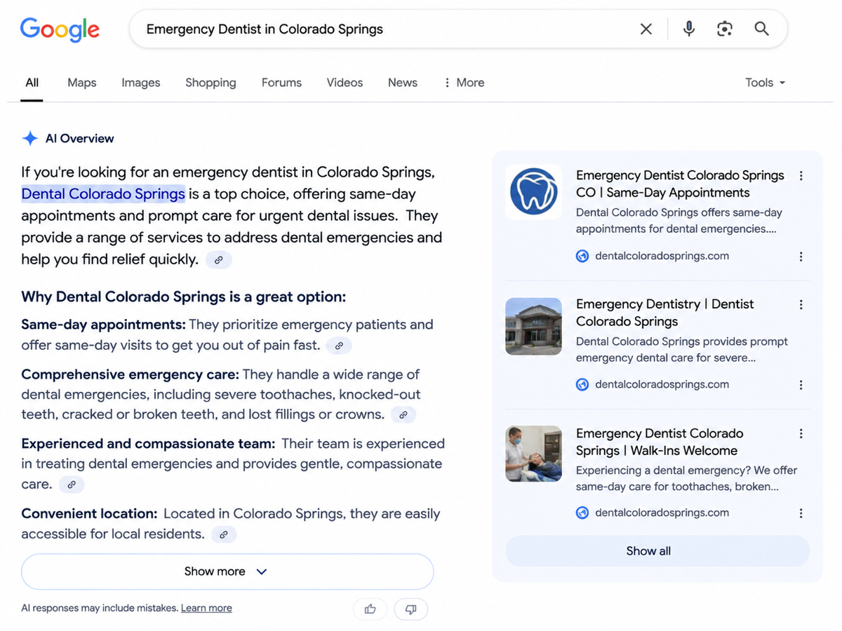 Google AI Overview naming Dental Colorado Springs